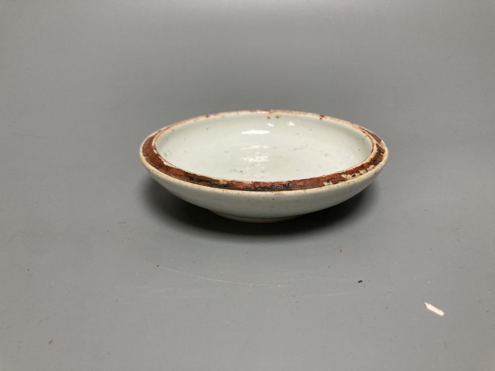A Chinese Longquan celadon bowl, Song dynasty, 16cm, a conical celadon dish and a seal paste box base